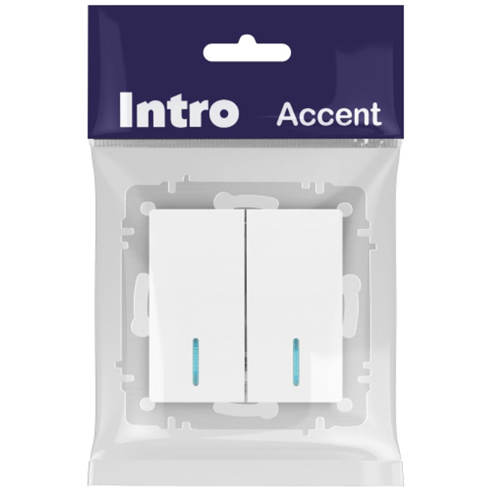 Выключатель Intro Accent 6-105-01М двойной с подсветкой, 10А-250В, IP20, СУ, AL/CU, белый матовый | Intro