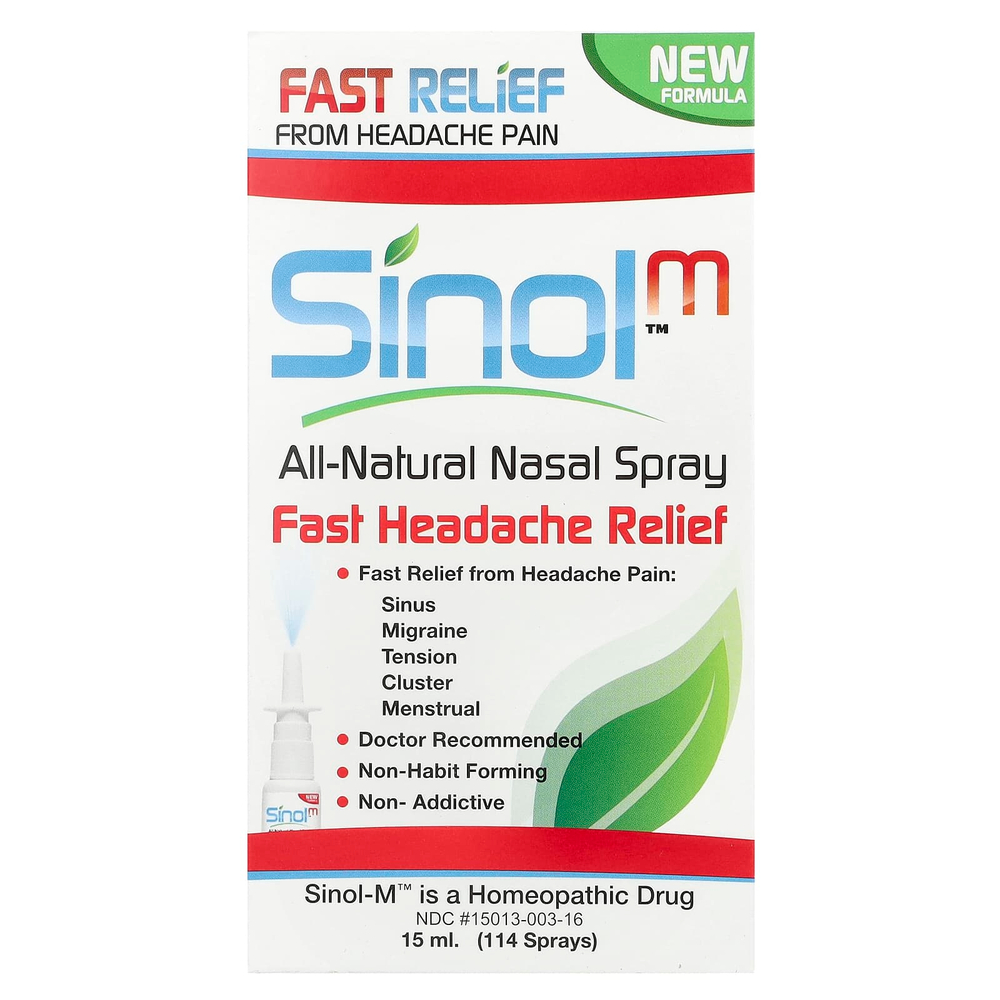 Sinol, SinolM™, полностью натуральный назальный спрей, для быстрого облегчения головной боли, 15 мл