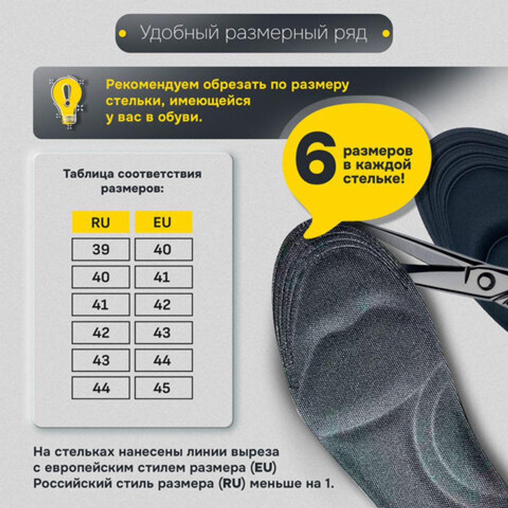 Стельки для обуви с ЭФФЕКТОМ ПАМЯТИ, материал MEMORY FOAM, размер RU 39-44 / EU 40-45, с линиями выреза, SHEGRA (ШЕГРА), 700745