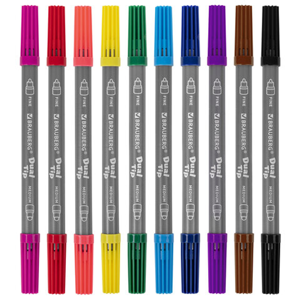 Фломастеры двусторонние BRAUBERG PREMIUM DUAL-TIP, 10 шт., 10 цветов, два наконечник