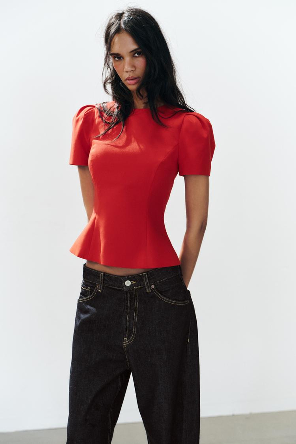 ZARA ТОП С ОБЪЕМНЫМИ РУКАВАМИ, КРАСНЫЙ