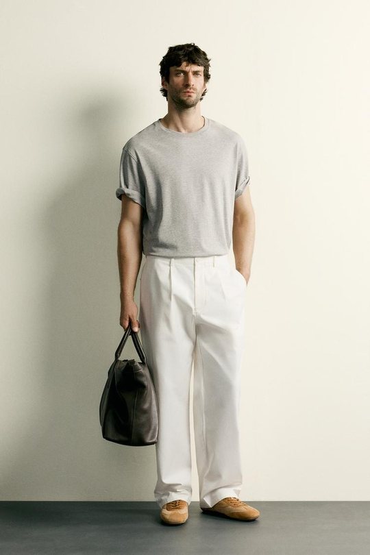 ZARA БРЮКИ STRAIGHT FIT СО СКЛАДКАМИ, ЖЕЛТОВАТО-БЕЛЫЙ