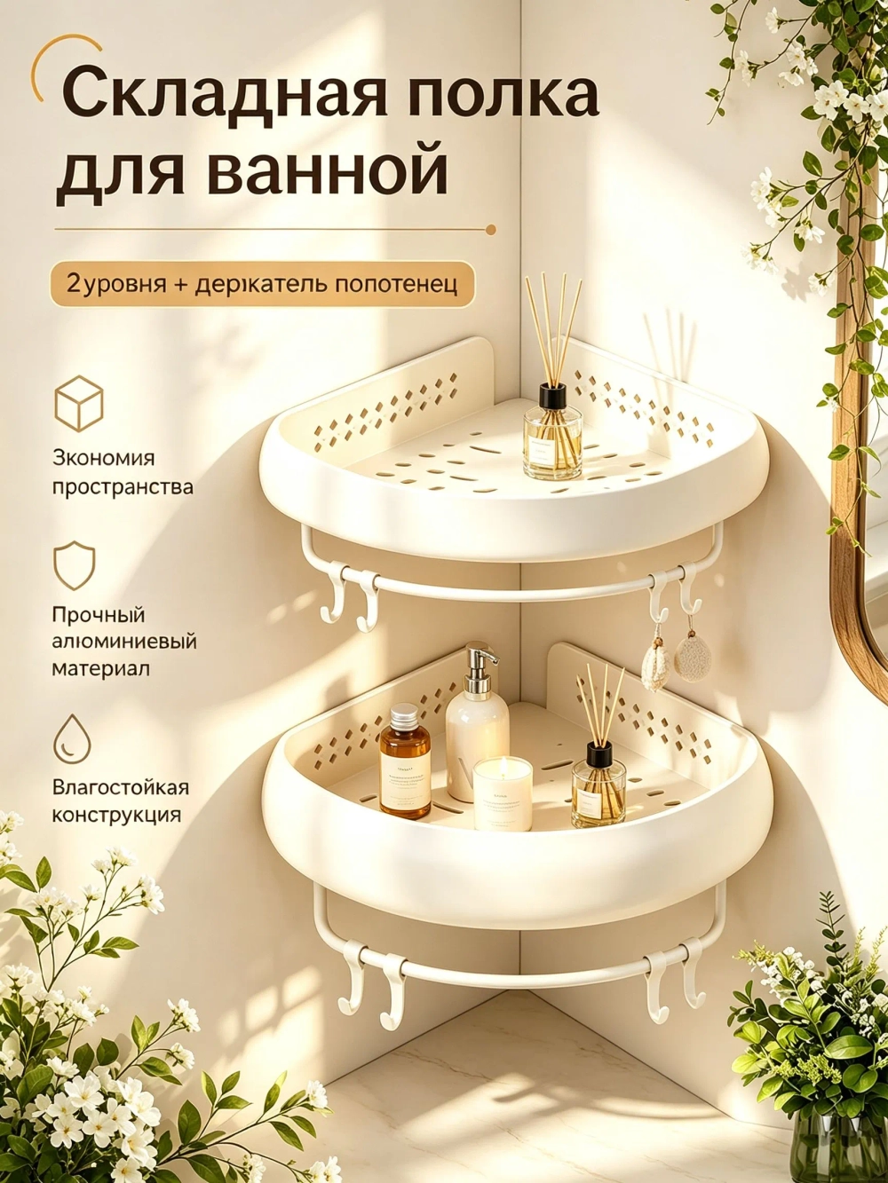 Угловая полка для ванной двухъярусная с держателем и 4 крючками, настенная полка без сверления, алюминий, влагостойкая, молочно-белая, 1 шт.