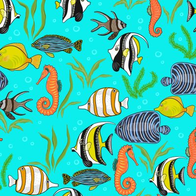 Разноцветные морские рыбки, водоросли на бирюзовом фоне. (Дизайнер Irina Skaska)