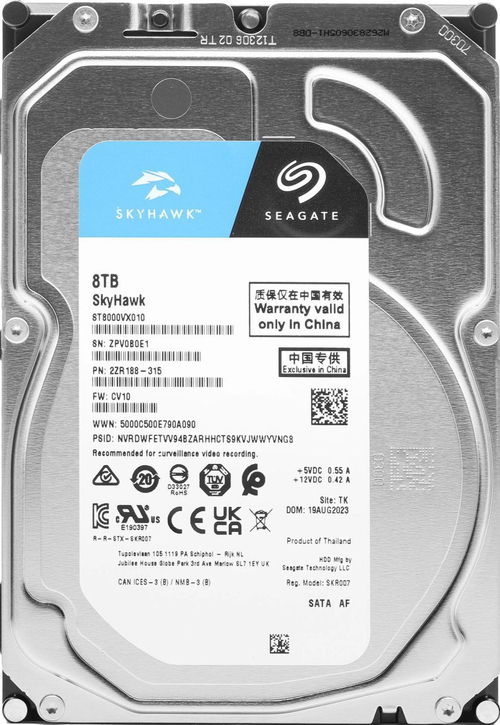 Внутренний HDD 3.5" Seagate Skyhawk ST8000VX010, 8Тб, SATA3, Bulk, Чтение:180мб/с, Запись:180мб/с, 7200об/мин, Буфер:256Мб