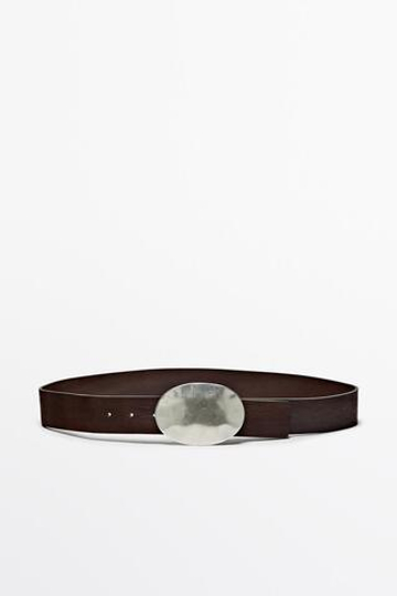 Massimo Dutti Ремень из кожи наппа с фактурной овальной пряжкой, коричневый