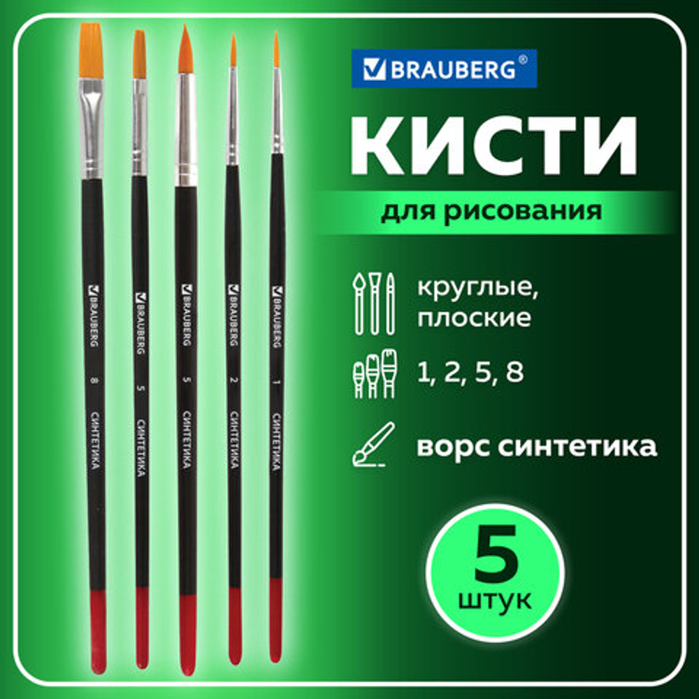 Кисти BRAUBERG, НАБОР 5шт., (синтетическая круглая № 1,2,5, плоская № 5,8), блистер, 200219