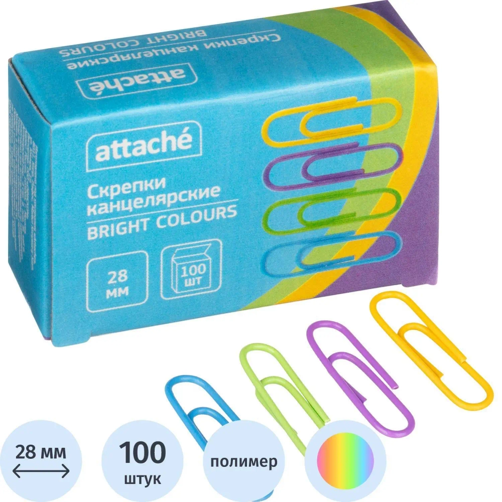 Скрепки канцелярские 28 мм Attache Bright Colours металлические с полимерным покрытием (100 штук в упаковке)