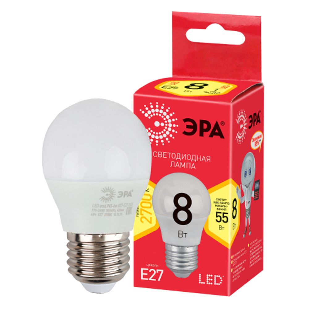 Лампа светодиодная ЭРА RED LINE LED P45-8W-827-E27 R 8Вт шар теплый белый свет E27 | Лампы cветодиодные Шар (G/P)