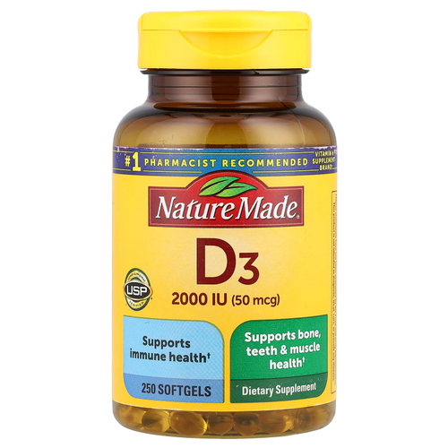 Nature Made, витамин D3, 2000 МЕ (50 мкг), 250 мягких таблеток