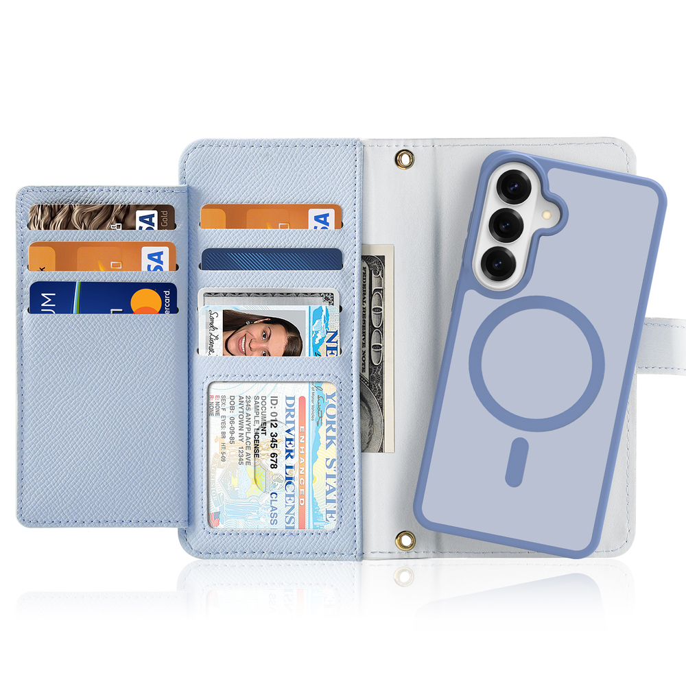 Чехол кошелек с MagSafe из кожи светло-синего цвета для Samsung Galaxy S26+ Плюс, серия Lawa Series от Dux Ducis