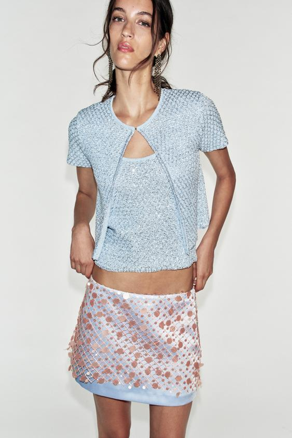 ZARA МИНИ-ЮБКА С ПАЙЕТКАМИ, ГОЛУБОЙ