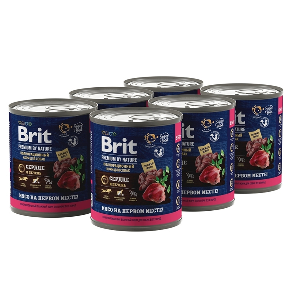 Консервы Brit Premium By Nature для взрослых собак всех пород, сердце и печень, 6 шт x 850 гр