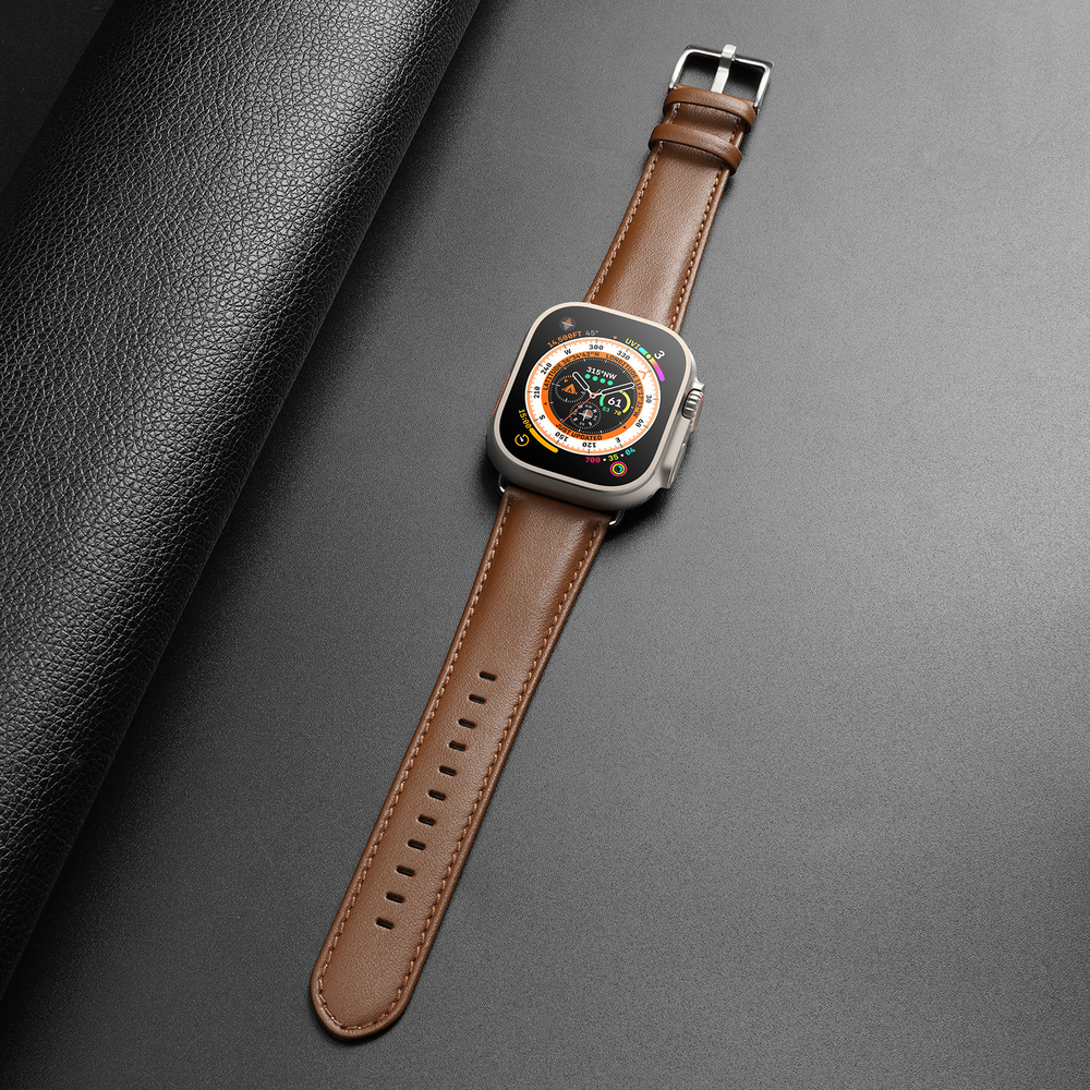 Ремешок из кожи коричневого цвета от Dux Ducis для смарт часов Apple Watch 42, 44, 45, 46, 49мм, серия YS Series