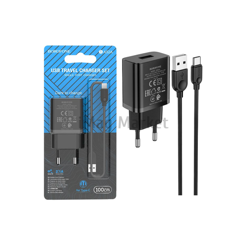 Сетевое зарядное устройство Borofone BA52A, 1 USB-A, 10.5W, 2.1A + кабель Type-C, 1 м, черный