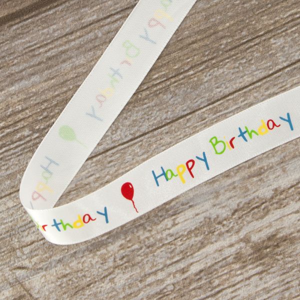 Лента атласная с рисунком 15.0 мм / 5 метров, Happy Birthday, 100% п/э, Hemline