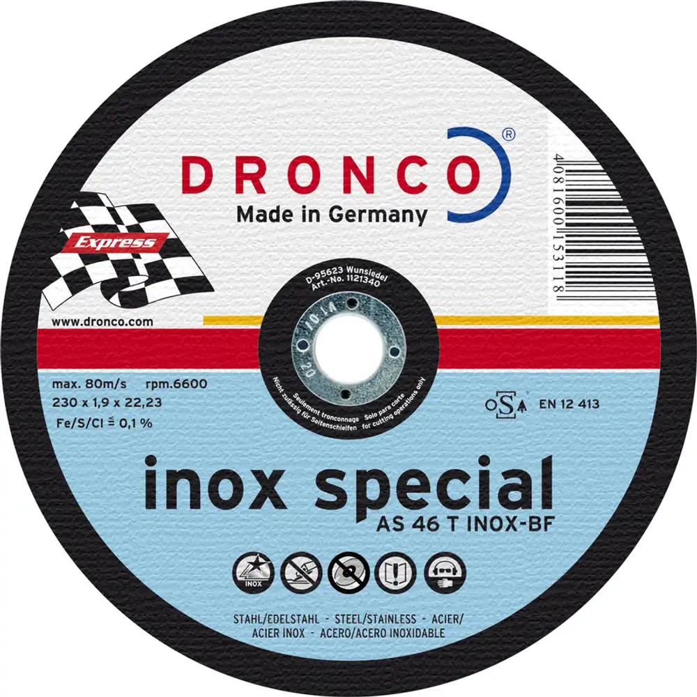 Абразивный отрезной диск AS 46 INOX 180х1,6 Dronco 1183250