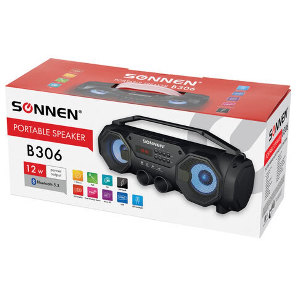 Колонка портативная с подсветкой SONNEN B306, 12 Вт, Bluetooth, FM-тюнер, microSD, MP3-плеер, черная, 513479