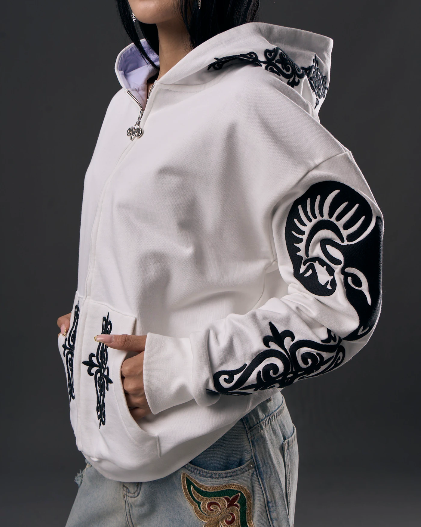 White Zip Hoodie with Signature Ornament Embroidery