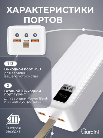 Дополнительный аккумулятор Gurdini Speed Series PD+LCD 22.5W GPPD-04W 40000 mAh White