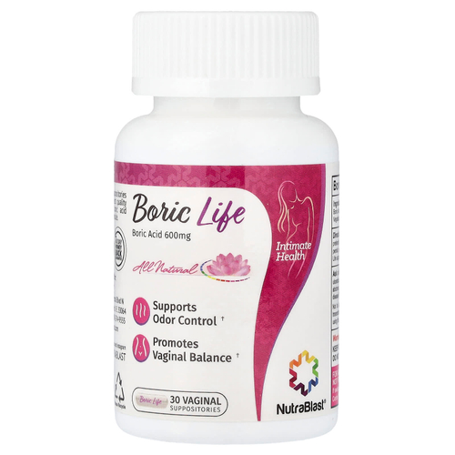 NutraBlast, Boric Life, борная кислота, 600 мг, 30 вагинальных свечей