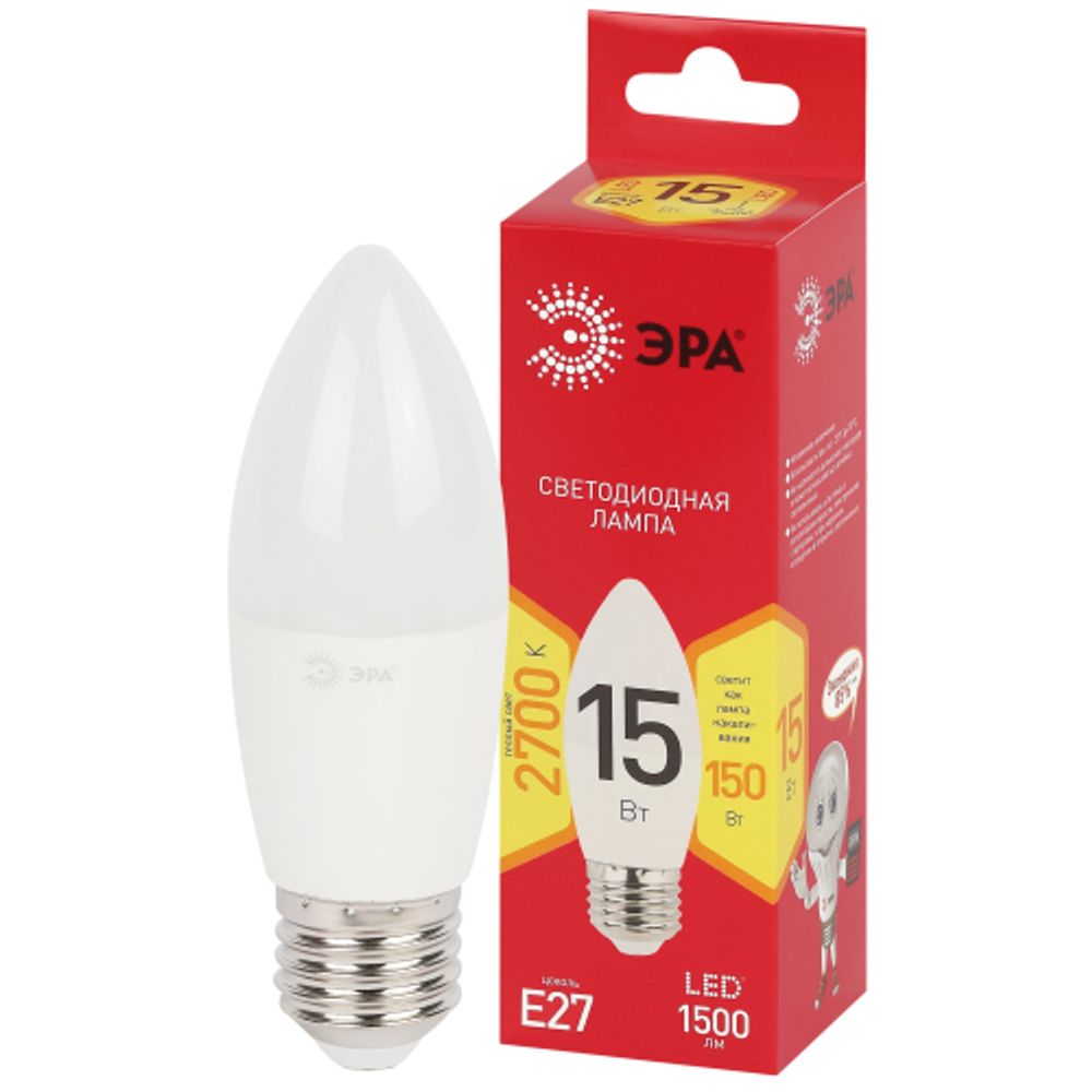 Лампа светодиодная ЭРА RED LINE LED B35-15W-827-E27 R 15Вт свеча теплый белый свет Е27 | Лампы cветодиодные Свеча (B/C)