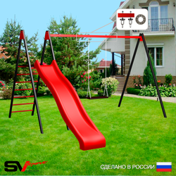 Уличные качели Sv Sport с горкой УК190П1 (3.7м/Деревянные/Подвесы на подш 1к)