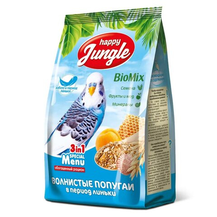 HAPPY JUNGLE Корм для волнистых попугайчиков в период линьки 0,5 кг