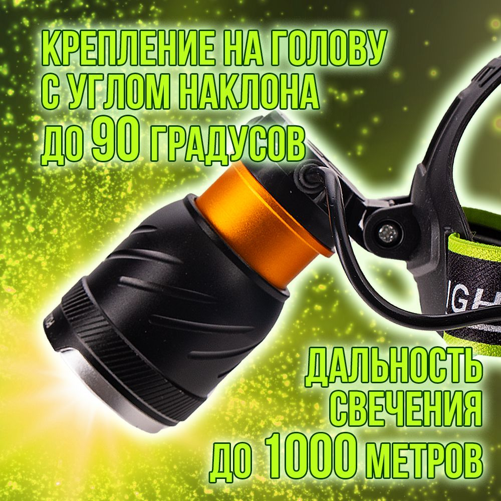 Фонарь налобный аккумуляторный/ Power bank/диод P100,СОВ/T37