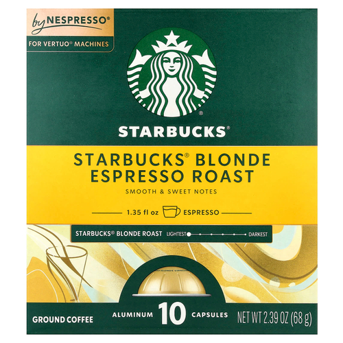 Starbucks, Nespresso®, светлый эспрессо, обжаренный, молотый, 10 алюминиевых капсул, 68 г (2,39 унции)
