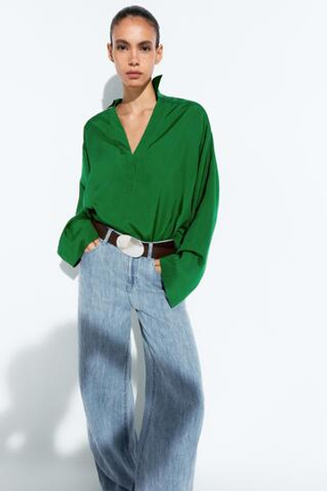 Massimo Dutti Струящаяся рубашка поло с длинными рукавами, зеленый