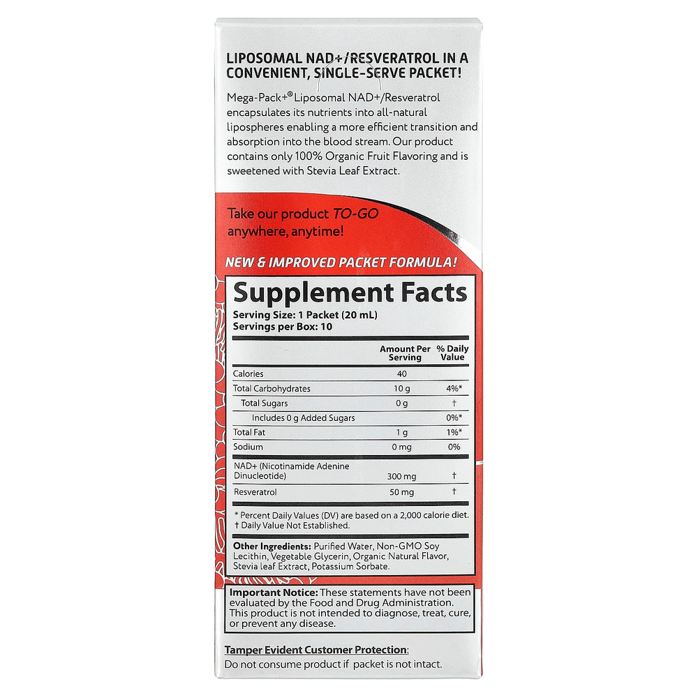 Aurora Nutrascience, Mega-Pack + ®, липосомальный НАД + / ресвератрол, 10 пакетиков по 20 мл (0,68 жидк. Унции)