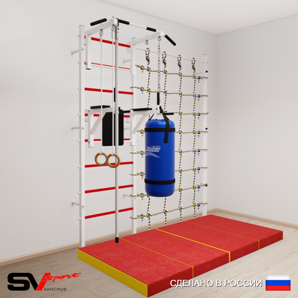 Шведская стенка Sv Sport усиленная 67460 (Турник стандарт/Брусья/Канат/Кольца/Цепь/Мешок 22кг/Мат 2м/Канатный лаз)