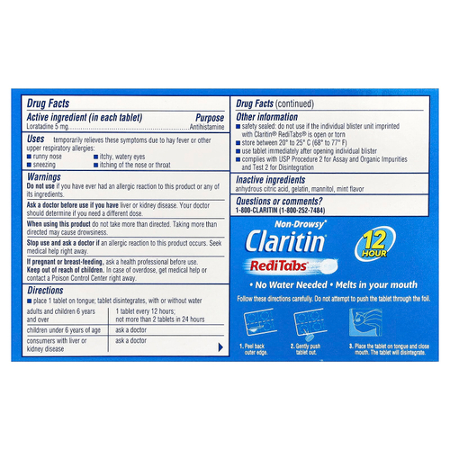 Claritin, RediTabs®, средство от аллергии для наружного применения, 5 мг, 30 таблеток для расщепления в полости рта