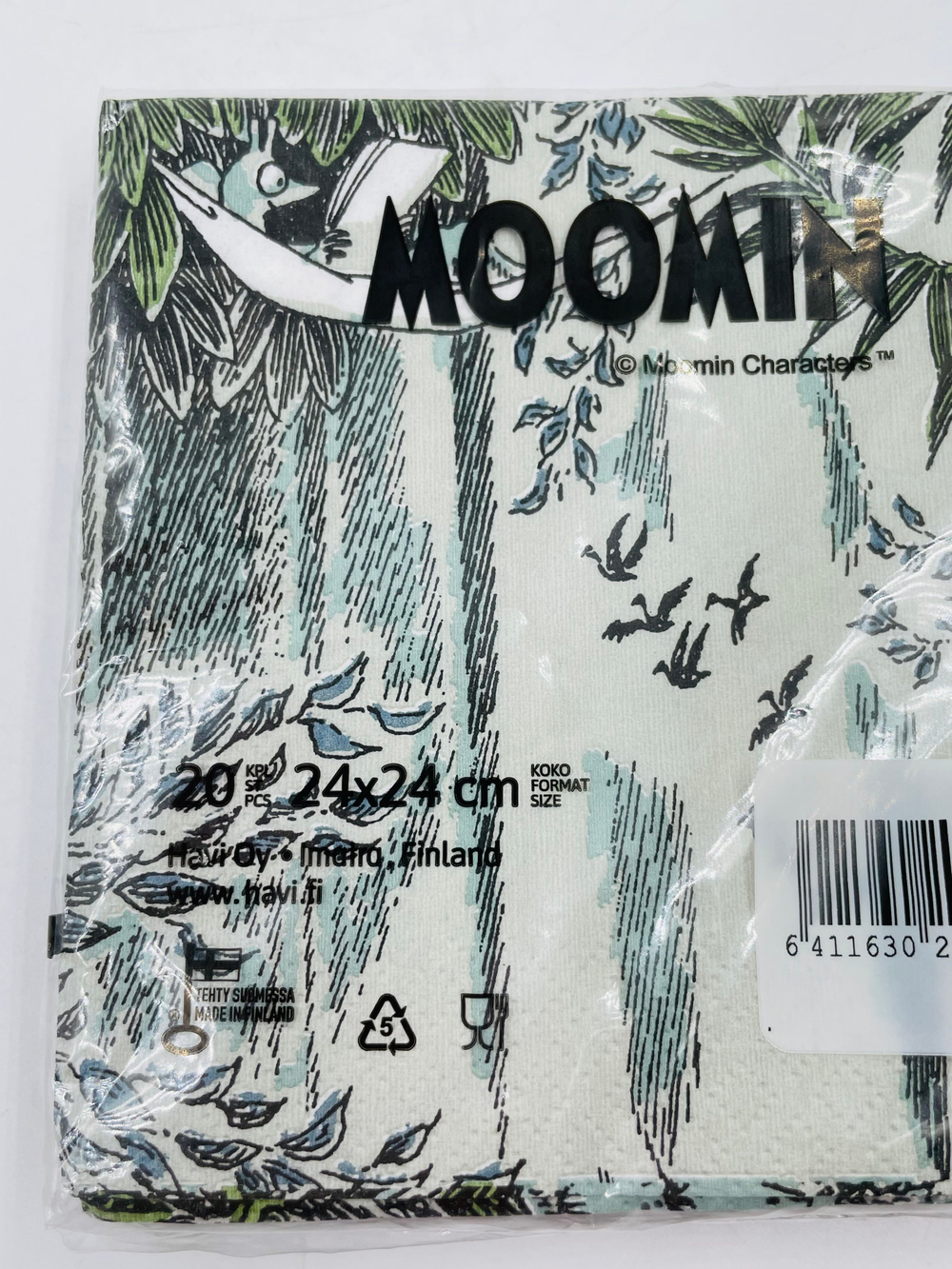 Салфетки бумажные Moomin, Тоска, светло-зеленые 24х24 см, 20 салфеток (из Финляндии)