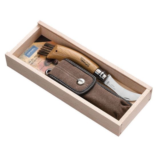 Складной нож грибника Opinel №8, нержавеющая сталь, рукоять дуб, чехол, деревянный футляр c клинком из стали Sandvik™ 12С27