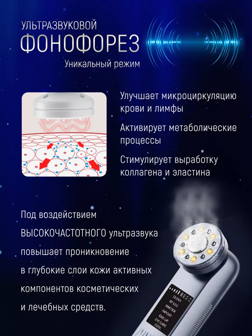 Микротоковый массажер для лица RF лифтинг Фонофорез EMS LED