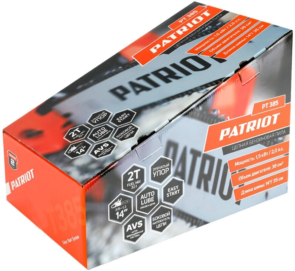 Бензопила PATRIOT PT-385, шина 35 см, 2 л/с, антивибрационная система