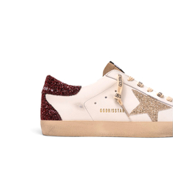 Women's Golden Goose Super-Star with Silver Glitter Star and Bordeaux Heel Tab in Flame