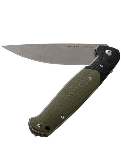 Нож складной GhostBlade Rune, сталь D2, Stonewash, 58-62 HRC, Drop-point, рукоять G10 оливковая, замок Liner lock
