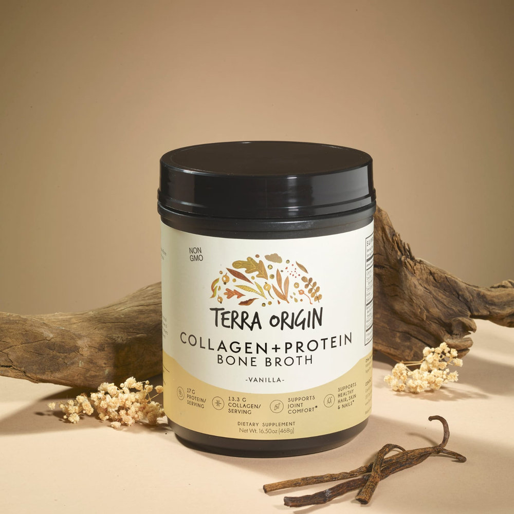 Terra Origin, Костный бульон с коллагеном и белком, ваниль, 466 г (16,43 унции)
