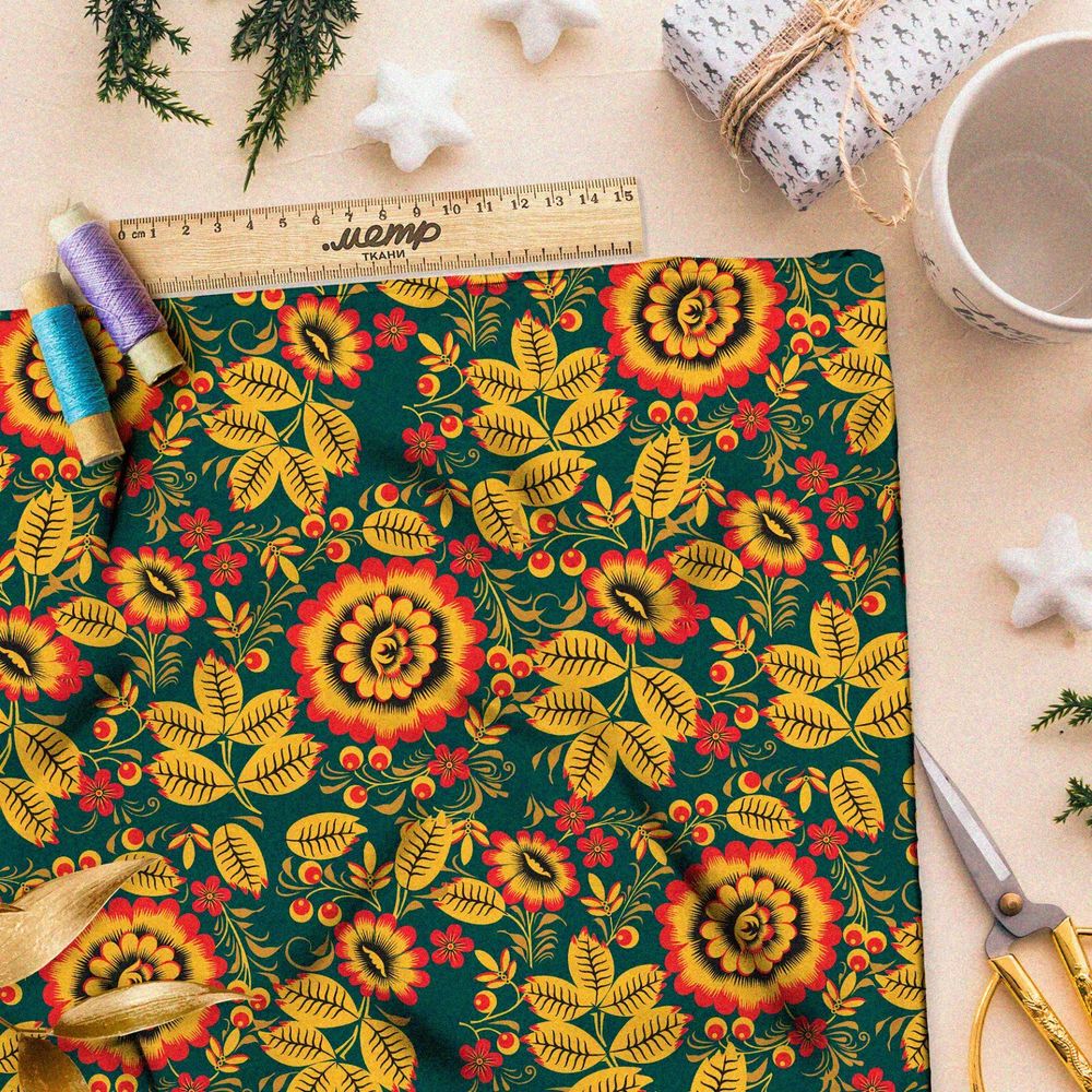 Ткань оксфорд 600 хохлома из небольших подсолнухов на зелёном фоне