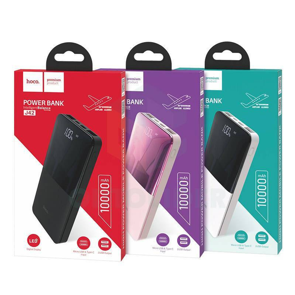 Внешний Аккумулятор (Power Bank) Hoco J42 10000 mAh (2A, 2USB, MicroUSB, Type-C, LCD) Белый