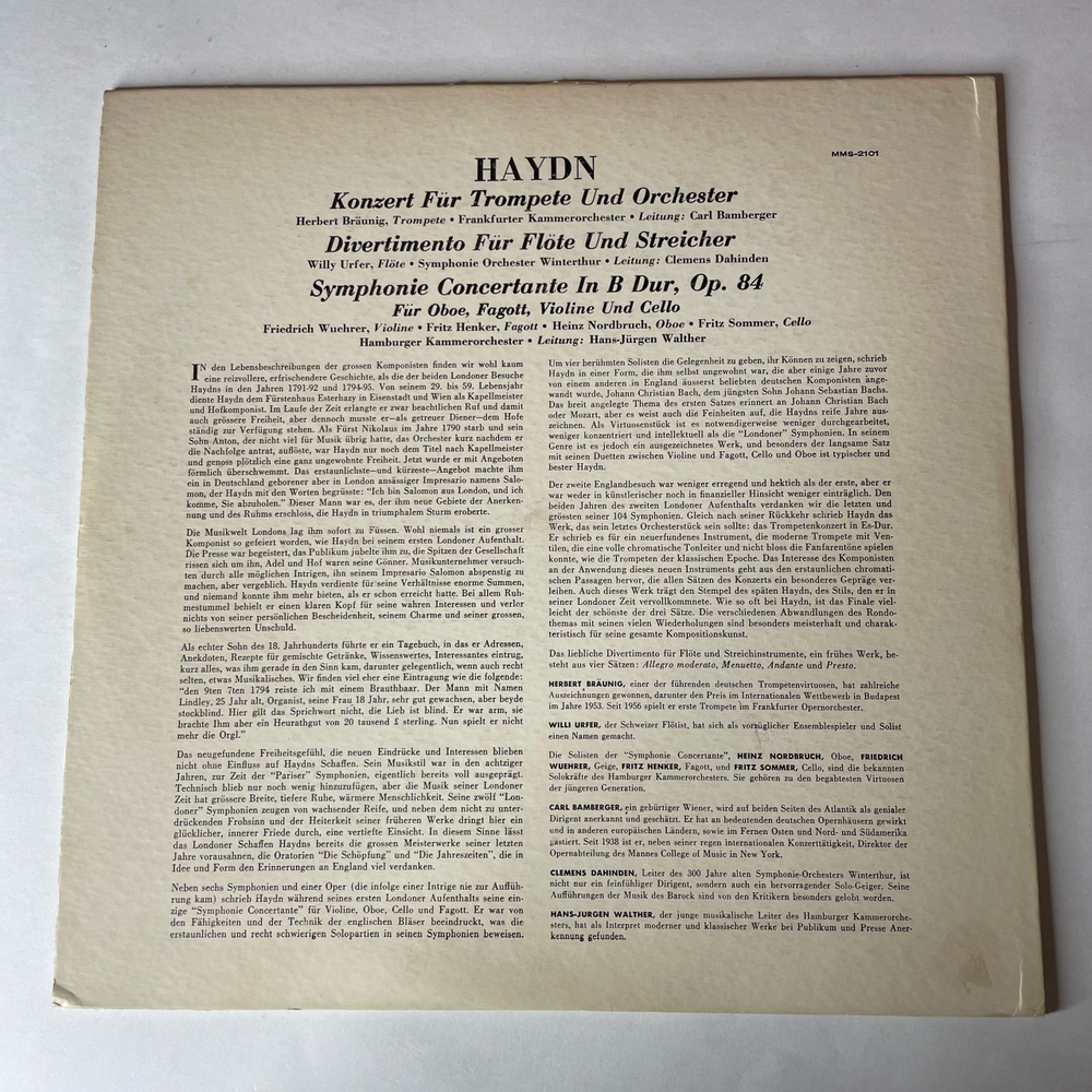 Винтажная виниловая пластинка LP Haydn Йозеф Гайдн, Konzert F r Trompete Und Orchester, Симфония Symphonie Concertante In B Dur, Op. 84 Fur Oboe, Fagott, Violine Und Cello (Германия 1959)