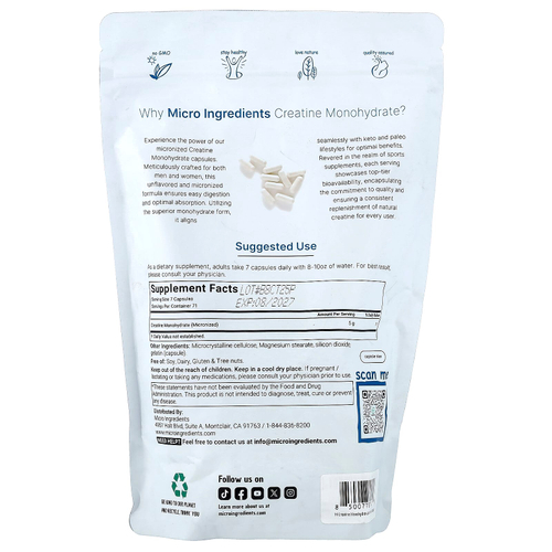 Micro Ingredients, моногидрат креатина, 500 капсул (714,28 мг в 1 капсуле)