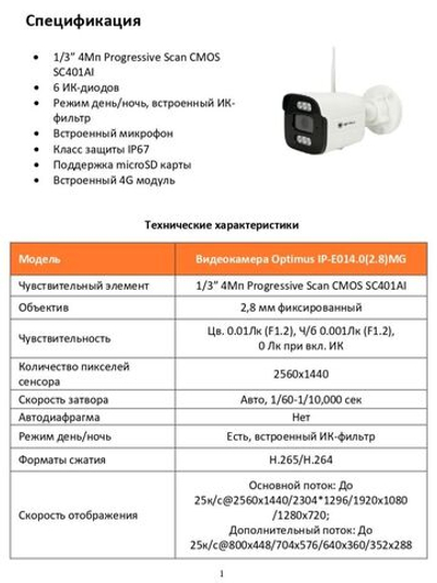 Видеокамера Optimus IP-E014.0(2.8)MG