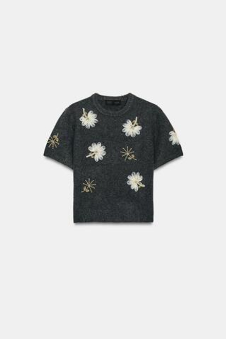 ZARA ТРИКОТАЖНЫЙ ТОП С БУСИНАМИ, АНТРАЦИТОВО-СЕРЫЙ