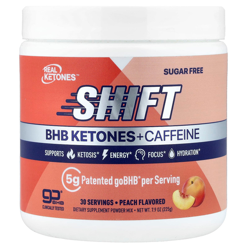 Real Ketones, Shift, смесь кетонов BHB и кофеина в порошке, со вкусом персика, 225 г (7,9 унции)