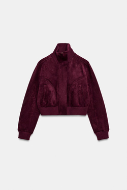 ZARA КУРТКА ИЗ ИСКУССТВЕННОЙ ЗАМШИ С ВОРОТНИКОМ-СТОЙКОЙ, БАКЛАЖАННЫЙ