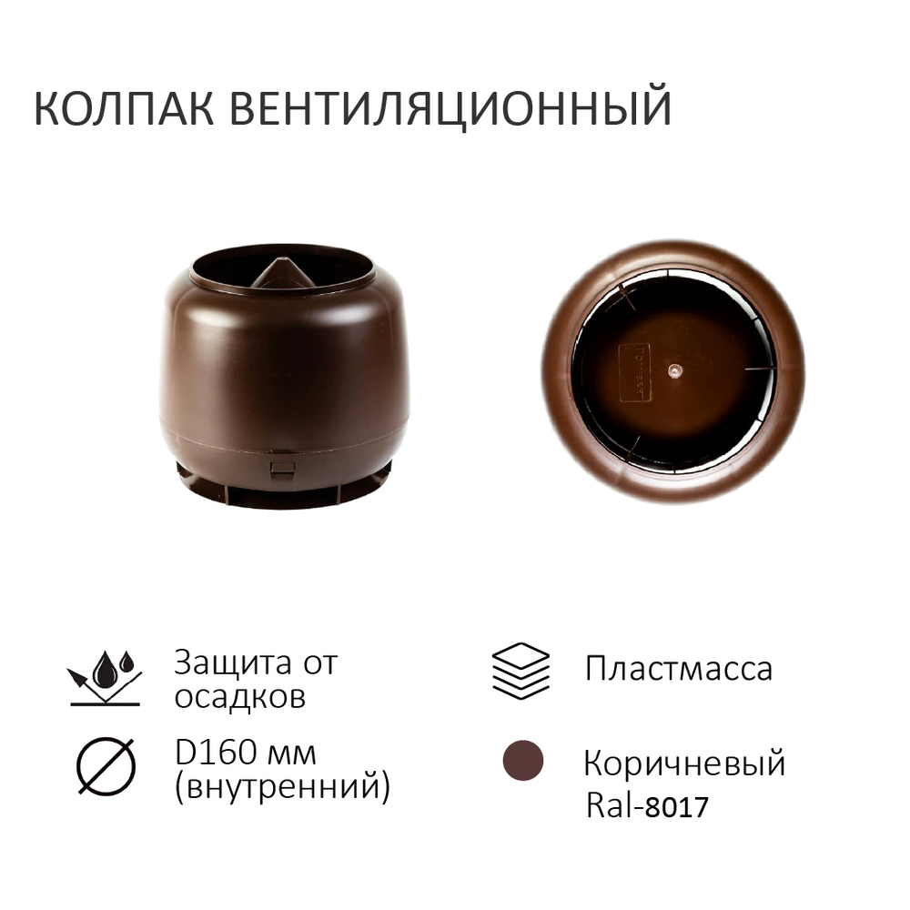 Комплект вентиляции: Вентиляционный выход изолированный D125/160 утепленный высота H=500 мм, проходной элемент PROF-20 для металлопрофиля кровельного профнастила МП20 иС20, колпак вентиляционный D160 мм, коричневый